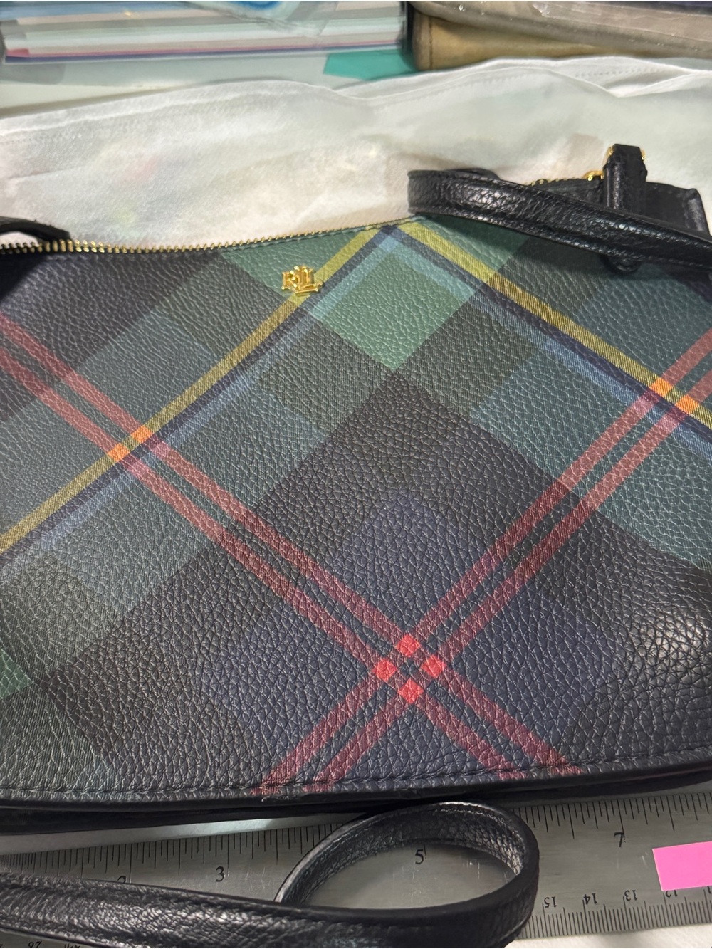Ralph Lauren Green Tartan Plaid Messenger Bag with Navy & Red Accents - Picture 6 of 8
